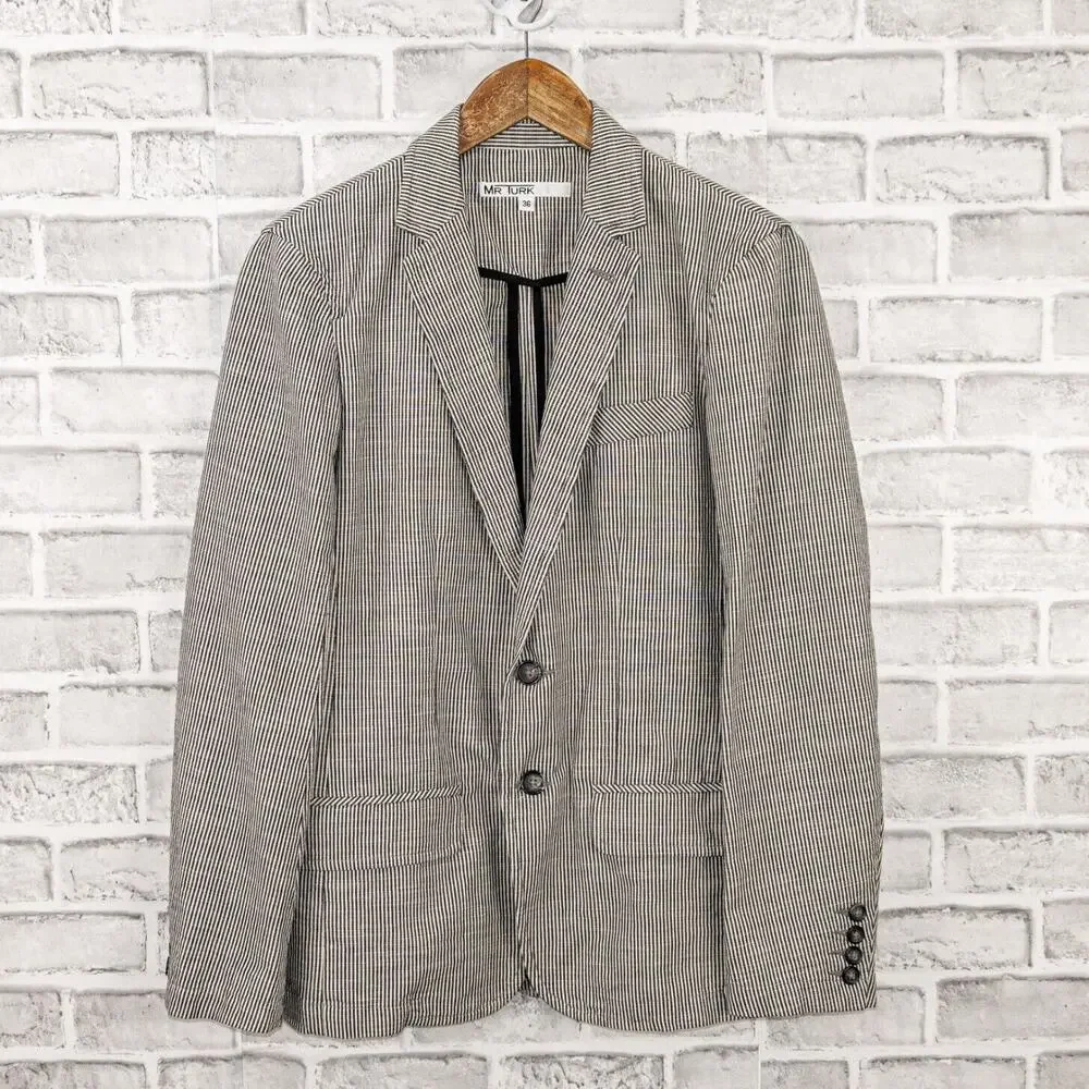 MR TURK Men's 2 button Blazer Jacket white gray striped Cotton size 36